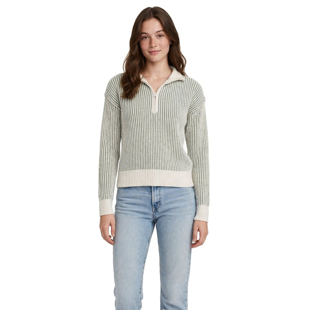 Ultra Flirt XS Sweater Sage Green Cream Striped Chenille Pullover Zip Neck New